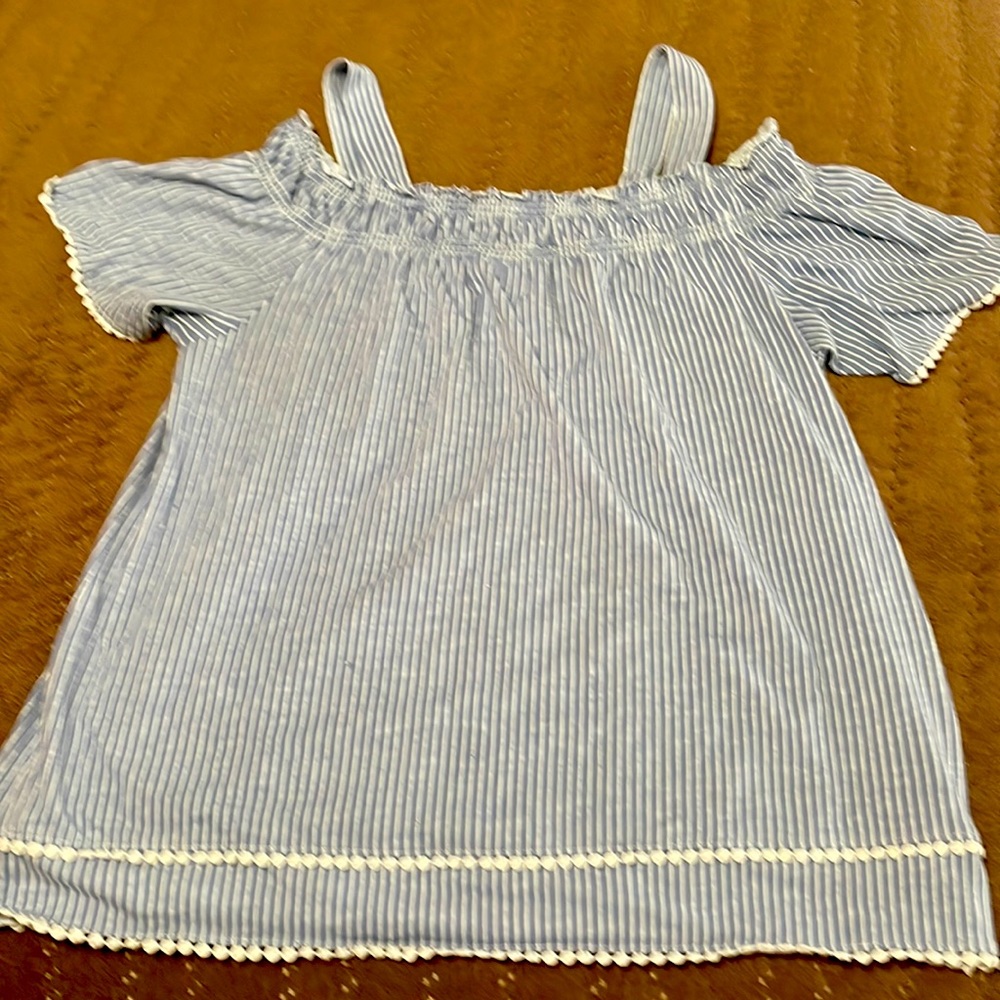 Purchased in Paris! Off the shoulder blue and white striped blouse